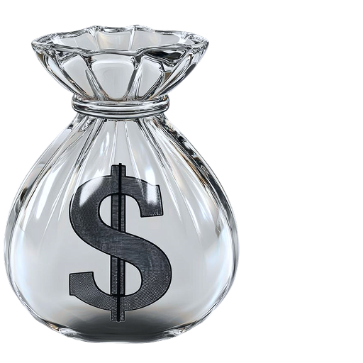 A 3D metallic chrome money bag with a dollar sign